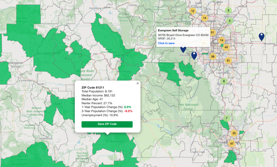 Screenshot of the web app showing a map with data overlays